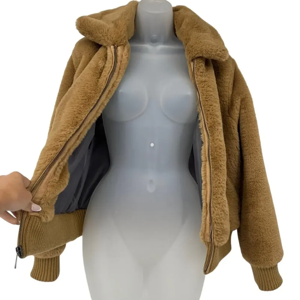 BANANA REPUBLIC Tan Teddy Puffy Faux Shearling Fur Jacket Zip Front Size Small - Picture 4 of 10